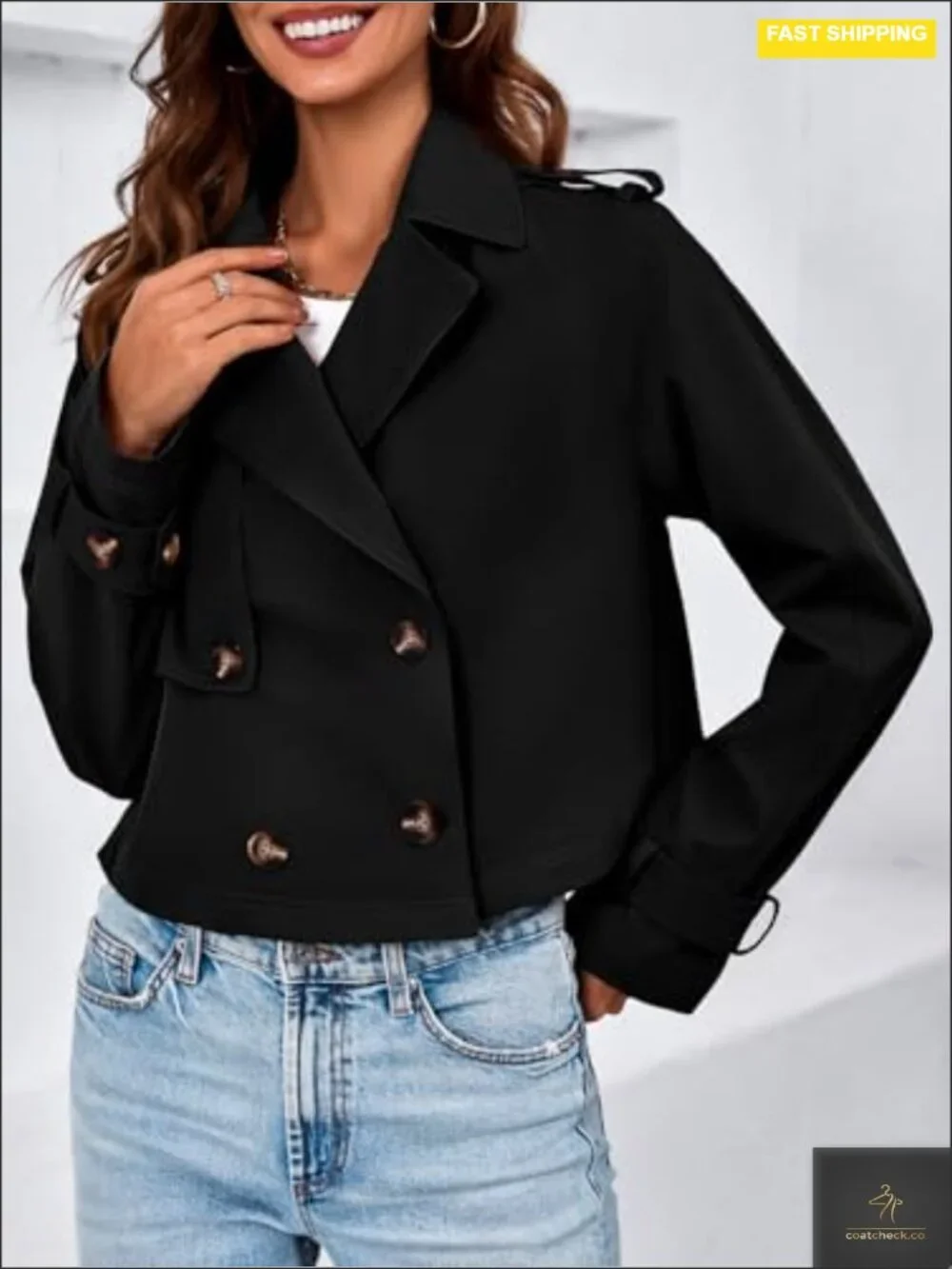 Women's Cropped Trench Coat Double Breasted Notched Lapel Lightweight Jacket